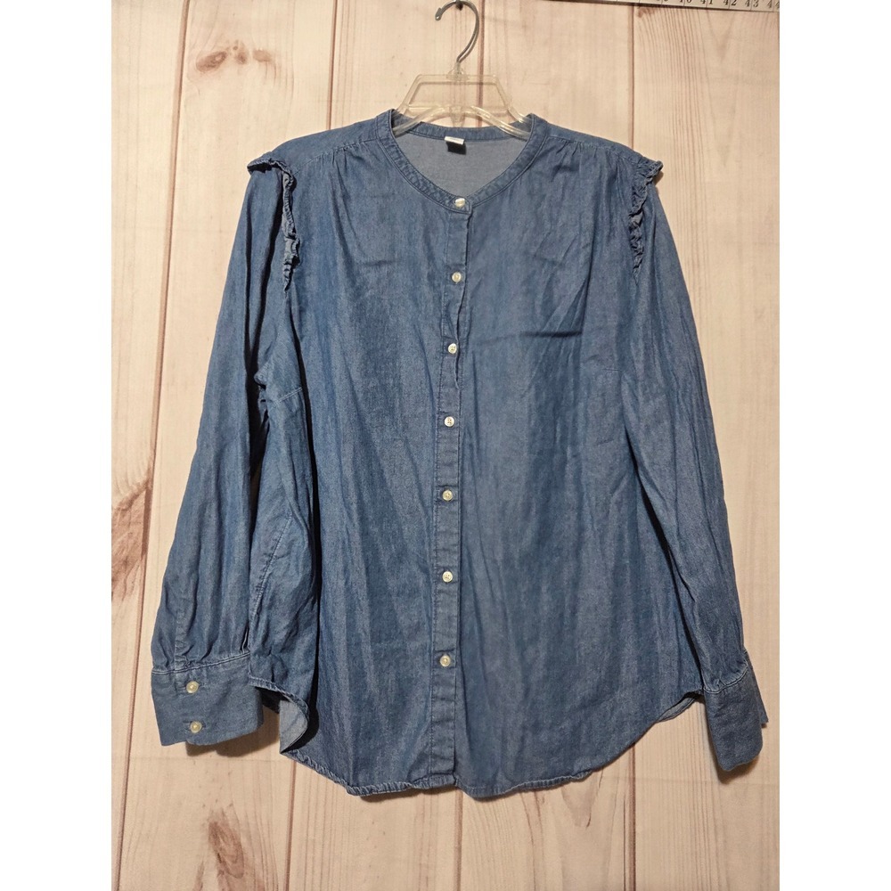 Old Navy Womens XL Chambray Ruffle Shoulder Button Down Blouse Blue Collarless